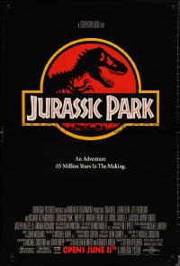 1r1176 JURASSIC PARK advance 1sh 1993 Steven Spielberg, classic logo with T-Rex over red background