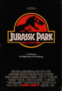1r1177 JURASSIC PARK advance DS 1sh 1993 Steven Spielberg, classic logo with T-Rex over red background