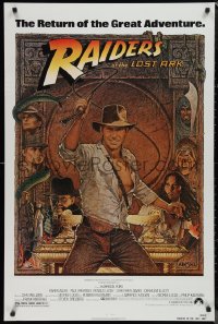 1r1326 RAIDERS OF THE LOST ARK 1sh R1982 great Richard Amsel art of adventurer Harrison Ford!