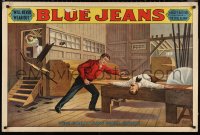 1r0011 BLUE JEANS 28x42 stage poster 1890s stone litho of man about to be bisected by sawblade!