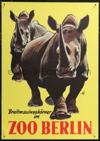 1r0173 ZOO BERLIN 17x24 German special poster 1950s wonderful art of two rhinoceroses!