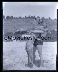 1s0145 HAROLD LLOYD 8x10 negative 1920s on the beach in swimsuit with his enormous Great Dane dog!