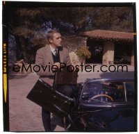 1s0507 STEVE McQUEEN 2x3 transparency 1958 in suit jacket getting into his new Jaguar XKSS!