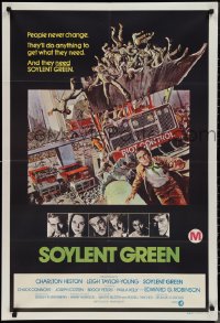 1t0624 SOYLENT GREEN Aust 1sh 1973 art of Charlton Heston trying to escape riot control by John Solie!