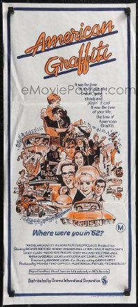 1t0628 AMERICAN GRAFFITI Aust daybill 1974 George Lucas teen classic, wacky Mort Drucker art of cast!
