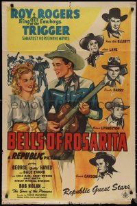 1t0744 BELLS OF ROSARITA 1sh 1945 great art of Roy Rogers w/ guitar, Dale Evans & cowboy stars!