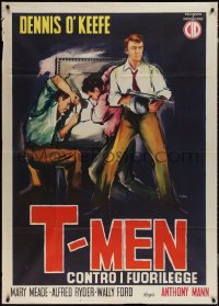 1t0135 T-MEN Italian 1p R1950s Anthony Mann film noir, different Seba art of Dennis O'Keefe w/ gun!