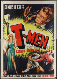 1t0138 T-MEN Italian 2p R1950s Anthony Mann film noir, different art of O'Keefe & sexy blonde!