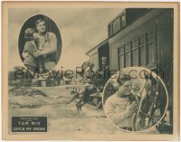 1t1139 CATCH MY SMOKE LC 1922 Tom Mix, c/u with Lillian Rich & riding his horse Tony onto a train!
