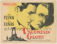 1t1102 UNCERTAIN GLORY TC 1944 cool art of Errol Flynn & Paul Lukas over guillotine in World War II!