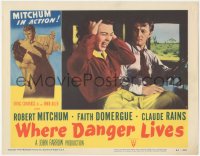 1t1359 WHERE DANGER LIVES LC #7 1950 driver Robert Mitchum looks at Faith Domergue screaming!