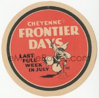 1t0507 CHEYENNE FRONTIER DAYS red die-cut 4x4 flyer 1940s great Frank Lewis art of cowboy with guns!