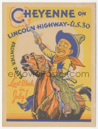 1t0509 CHEYENNE FRONTIER DAYS yellow 4x5 flyer 1940s great art of cowboy with guns on horse!