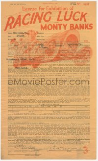 1t0063 RACING LUCK exhibitor contract 1924 license to show the Monty Banks movie in a theater!