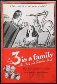 1t1798 3 IS A FAMILY pressbook 1944 Peter Arno art of stork with baby by arguing couple, ultra rare!