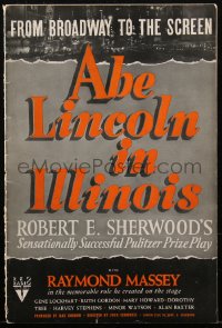 1t1801 ABE LINCOLN IN ILLINOIS pressbook 1940 Raymond Massey, Robert E. Sherwood, ultra rare!