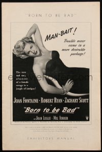 1t1828 BORN TO BE BAD pressbook 1950 Nicholas Ray, art of baby-faced savage Joan Fontaine, rare!