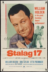 1t0947 STALAG 17 1sh R1959 different huge c/u of William Holden, Billy Wilder WWII POW classic!