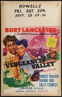 1t1687 VENGEANCE VALLEY WC 1951 Burt Lancaster & Joanne Dru in big outdoor adventure, ultra rare!