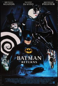1w0792 BATMAN RETURNS int'l 1sh 1992 Burton, Keaton, DeVito, Pfeiffer, cool white date design!