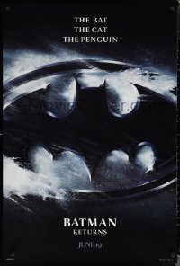 1w0790 BATMAN RETURNS teaser 1sh 1992 Burton, Keaton, The Bat, The Cat, The Penguin, logo design!
