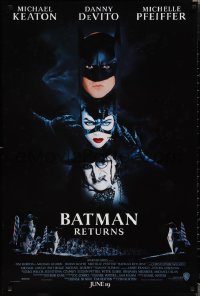 1w0791 BATMAN RETURNS int'l advance 1sh 1992 Burton, Keaton, DeVito, Pfeiffer, cool white date design!