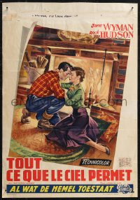 1w0356 ALL THAT HEAVEN ALLOWS Belgian 1956 romantic art of Rock Hudson & Jane Wyman by fireplace!