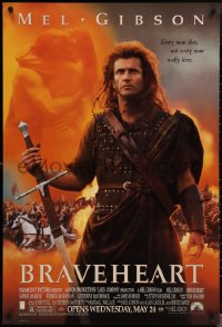 1w0823 BRAVEHEART advance DS 1sh 1995 Mel Gibson as William Wallace in the Scottish Rebellion!