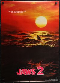 1w0283 JAWS 2 20x28 commercial poster 1980s art of man-eating shark's fin in red water at sunset!