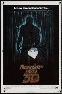 1w0898 FRIDAY THE 13th PART 3 - 3D 1sh 1982 slasher sequel, art of Jason stabbing through shower!
