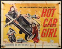 1w0731 HOT CAR GIRL 1/2sh 1958 she's Hell-on-wheels, fired up, classic car racing art!