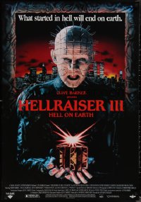 1w0137 HELLRAISER III: HELL ON EARTH 27x39 video poster 1992 Clive Barker, Pinhead holding cube!