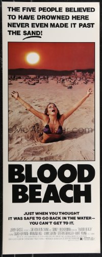 1w0687 BLOOD BEACH insert 1981 Jaws parody tagline, image of sexy girl in bikini sinking in sand!
