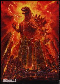 1w0281 GODZILLA 1985 teaser Japanese commercial poster 1985 Gojira, Ohrai art of fiery monster over Tokyo!