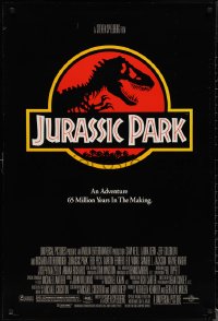 1w0990 JURASSIC PARK DS 1sh 1993 Steven Spielberg, classic logo with T-Rex over red background