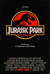 1w0989 JURASSIC PARK advance 1sh 1993 Steven Spielberg, classic logo with T-Rex over red background