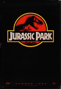 1w0992 JURASSIC PARK teaser DS 1sh 1993 Steven Spielberg, classic logo with T-Rex over red background