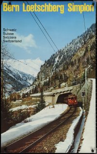 1w0155 BLS 25x40 Swiss travel poster 1960 Bern-Loetschberg-Simplon, train exiting tunnel!