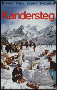 1w0160 KANDERSTEG 25x40 Swiss travel poster 1960 people preparing food with a view of the Alps!