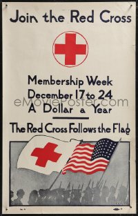1w0205 JOIN THE RED CROSS MEMBERSHIP WEEK 14x22 WWI war poster 1918 Allen art of soldiers, flags!