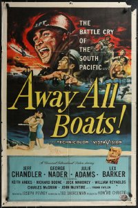 1y0588 AWAY ALL BOATS 1sh 1956 Jeff Chandler, Reynold Brown art, battle cry of the South Pacific!