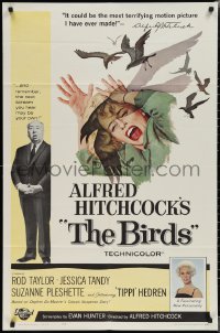 1y0601 BIRDS 1sh 1963 director Alfred Hitchcock shown, Tippi Hedren, classic intense attack art!