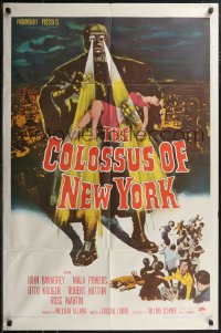 1y0637 COLOSSUS OF NEW YORK 1sh 1958 great art of robot monster holding sexy girl & attacking!