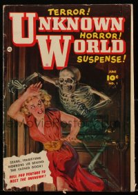 1y0458 UNKNOWN WORLD #1 comic book June 1952 pre-code horror cover art of blonde chased by skeleton!