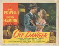 1y1060 CRY DANGER LC #1 1951 close up of Dick Powell embracing pretty Rhonda Fleming, film noir!