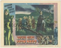 1y1065 DEVIL GIRL FROM MARS LC #3 1955 stars stare at female alien Patricia Laffan pointing weapon!