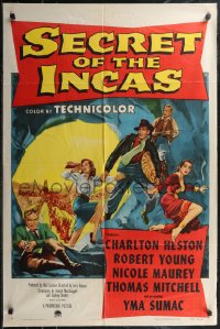 1y0861 SECRET OF THE INCAS 1sh 1954 art of Charlton Heston in South America, Robert Young!