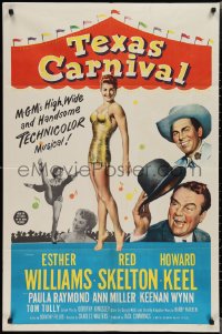 1y0891 TEXAS CARNIVAL 1sh 1951 Red Skelton, art of sexy Esther Williams wearing swimsuit!