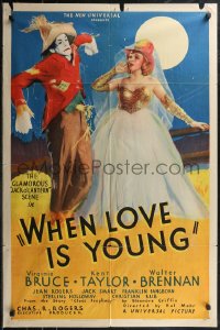 1y0925 WHEN LOVE IS YOUNG 1sh 1937 wonderful art of glamorous Virginia Bruce & scarecrow!