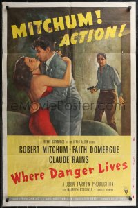 1y0926 WHERE DANGER LIVES 1sh 1950 Robert Mitchum holding Faith Domergue + Rains w/gun